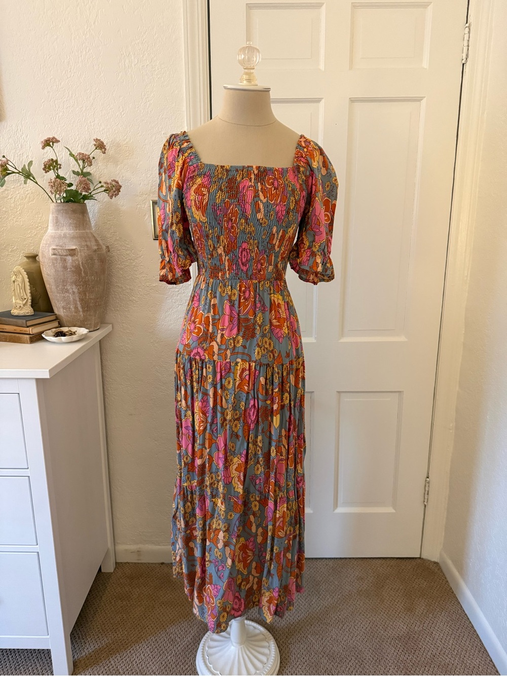 Floral Smocked Puff-Sleeve Maxi Dress in Multicolor